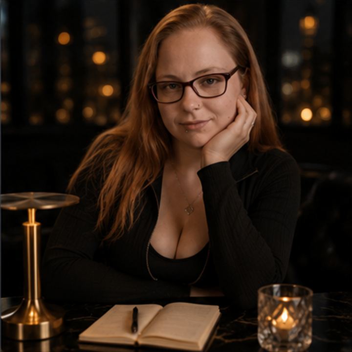 Photorealistisches Über-Mich-Portrait von NymphoPrincessBi an einem dunklen Tisch mit Notizbuch, Kerzenlicht und Stadtlichtern