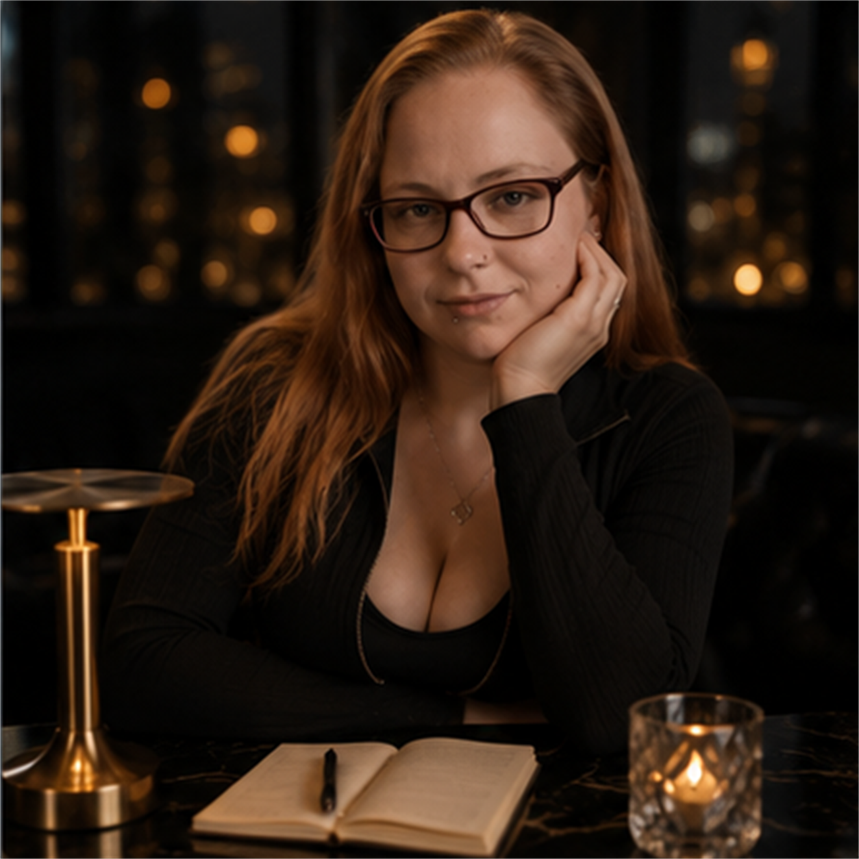 Photorealistisches Über-Mich-Portrait von NymphoPrincessBi an einem dunklen Tisch mit Notizbuch, Kerzenlicht und Stadtlichtern