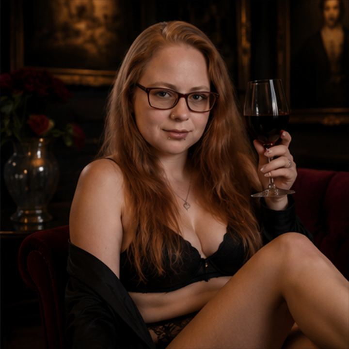 Photorealistisches Galerie-Portrait von NymphoPrincessBi mit Weinglas, dunkler Lounge und warmem Licht