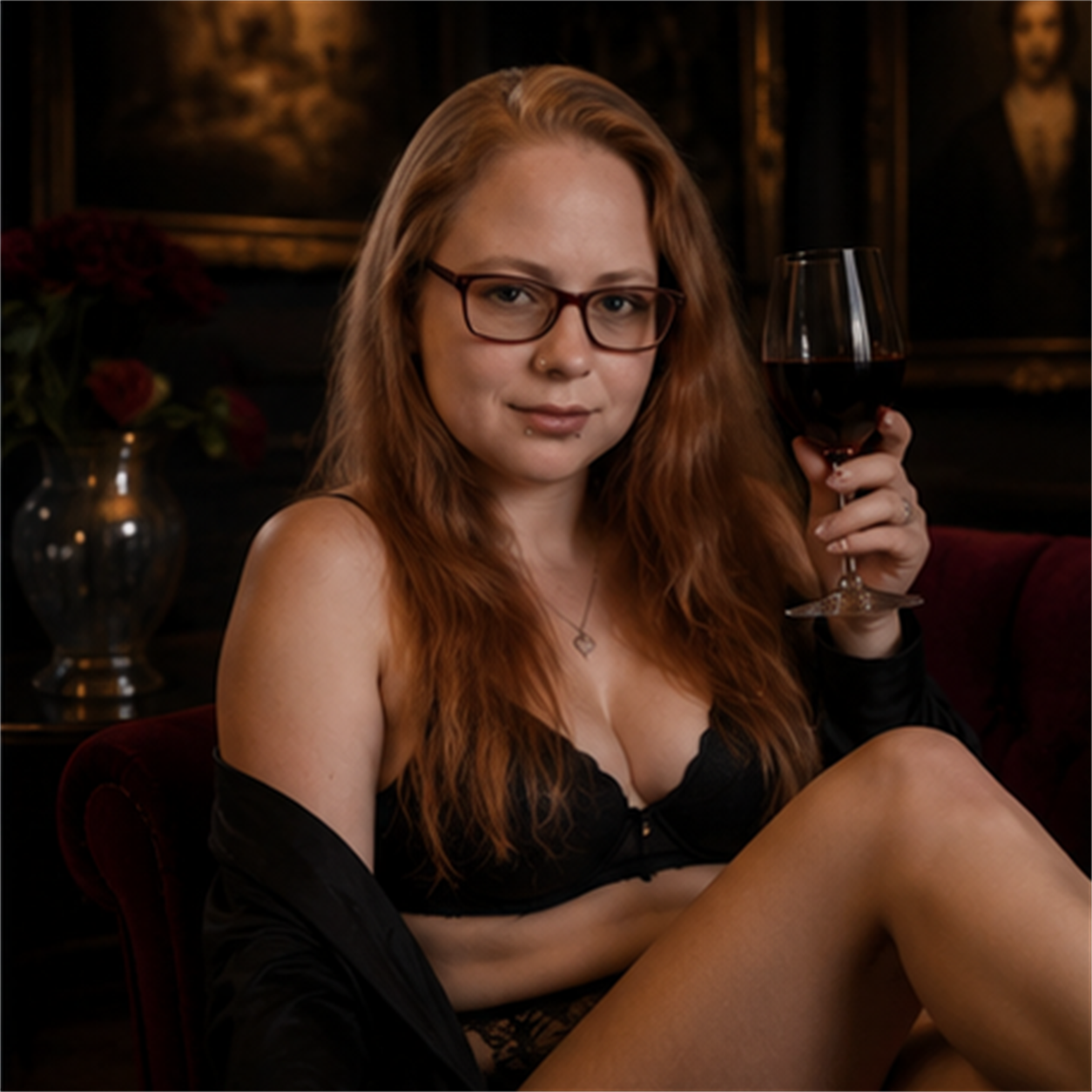 Photorealistisches Galerie-Portrait von NymphoPrincessBi mit Weinglas, dunkler Lounge und warmem Licht