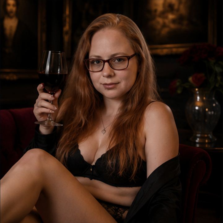 Gespiegeltes photorealistisches Galerie-Portrait von NymphoPrincessBi mit Weinglas und warmem Lounge-Licht