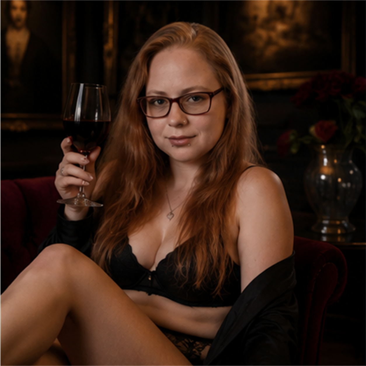 Gespiegeltes photorealistisches Galerie-Portrait von NymphoPrincessBi mit Weinglas und warmem Lounge-Licht