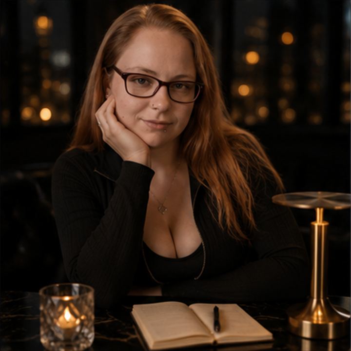 Gespiegeltes photorealistisches Über-Mich-Portrait von NymphoPrincessBi in dunkler Midnight-Velvet-Atmosphäre