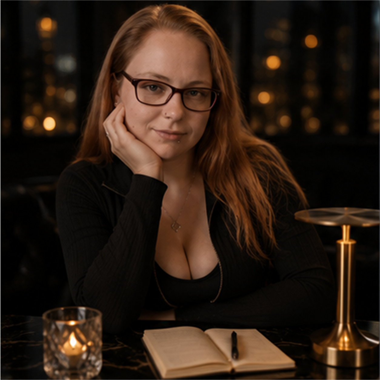 Gespiegeltes photorealistisches Über-Mich-Portrait von NymphoPrincessBi in dunkler Midnight-Velvet-Atmosphäre